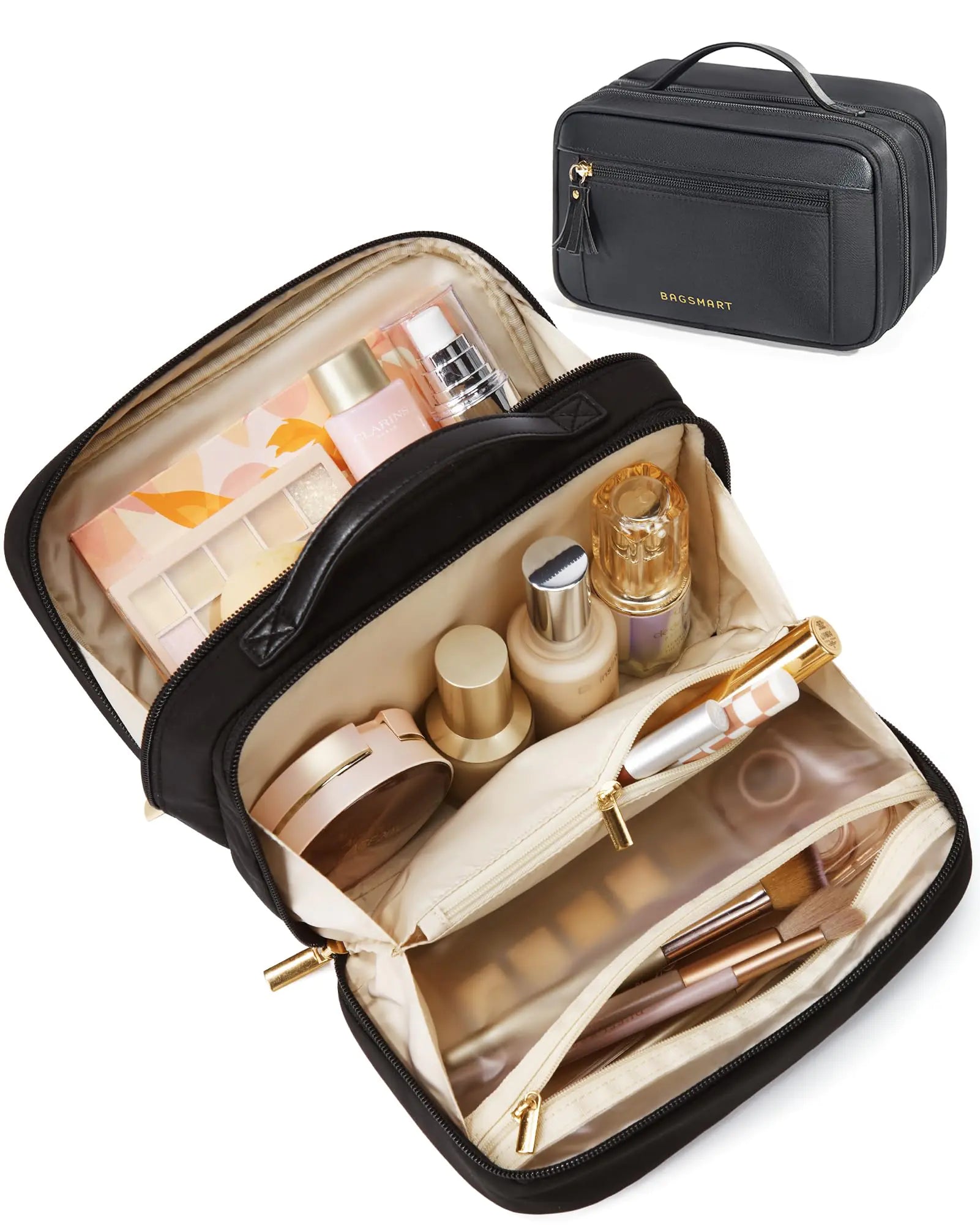 BAGSMART Travel Makeup Bag Large Capacity Cosmetic Bag Wide-open Portable Make Up Bag Organizer for Women for Travel Essentials Travel-Size Toiletries Accessories Bottles Brushes