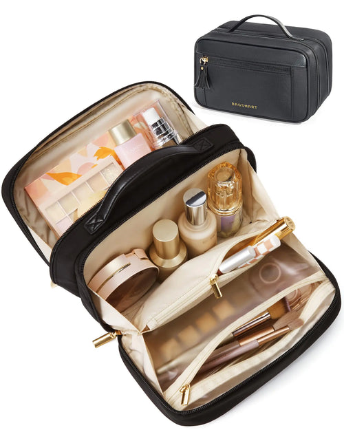 BAGSMART Travel Makeup Bag Large Capacity Cosmetic Bag Wide-open Portable Make Up Bag Organizer for Women for Travel Essentials Travel-Size Toiletries Accessories Bottles Brushes